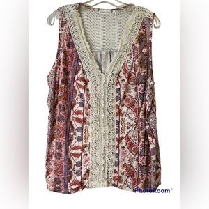 Womens Plus Size 1X Lone Lux crotchet pink floral paisley tank top.